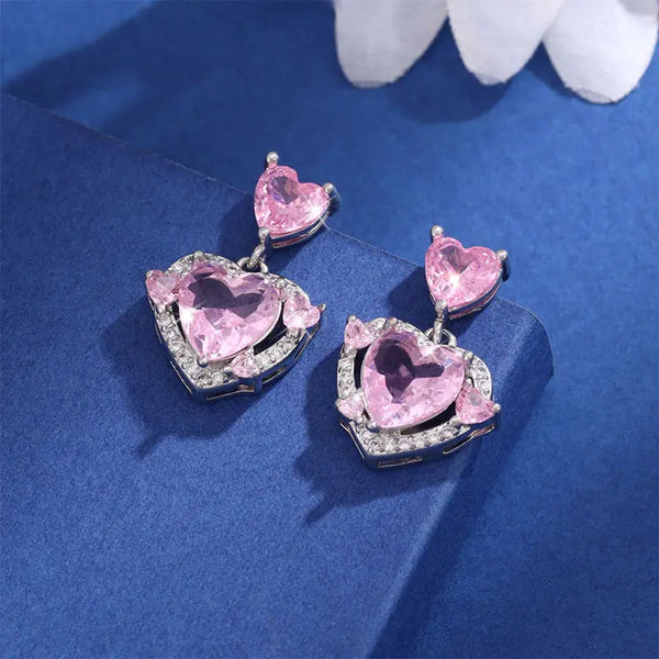 Lovcia Romantic Double Heart Pink Crystal Dangle Earrings for Women with Sparkling Halo-Earrings-Silver L0031-Silver L0031