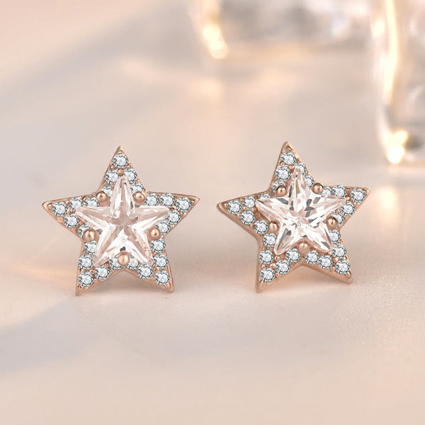Lovcia Rose Gold Plated 925 Sterling Silver Star Stud Earrings for Women with AAA Cubic Zirconia-Earrings-Rose Gold-Rose Gold