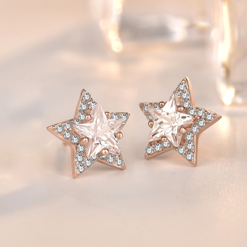 Lovcia Rose Gold Plated 925 Sterling Silver Star Stud Earrings for Women with AAA Cubic Zirconia-Earrings-Rose Gold-Rose Gold