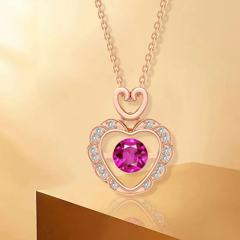 Lovcia Rose Gold Plated Sterling Silver Heart Pendant Necklace for Women with Sparkling Pink Gemstone and White Crystals-Necklaces-Rose Gold-Rose Gold