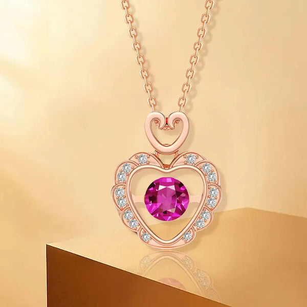 Lovcia Rose Gold Plated Sterling Silver Heart Pendant Necklace for Women with Sparkling Pink Gemstone and White Crystals-Necklaces-Rose Gold-Rose Gold
