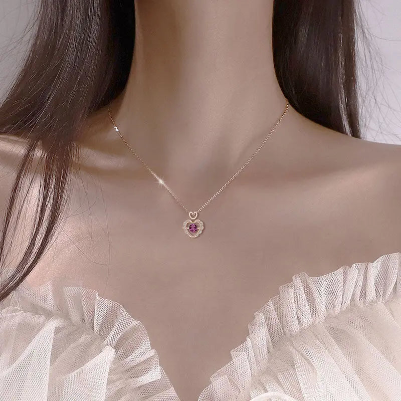 Lovcia Rose Gold Plated Sterling Silver Heart Pendant Necklace for Women with Sparkling Pink Gemstone and White Crystals-Necklaces-Rose Gold-Rose Gold