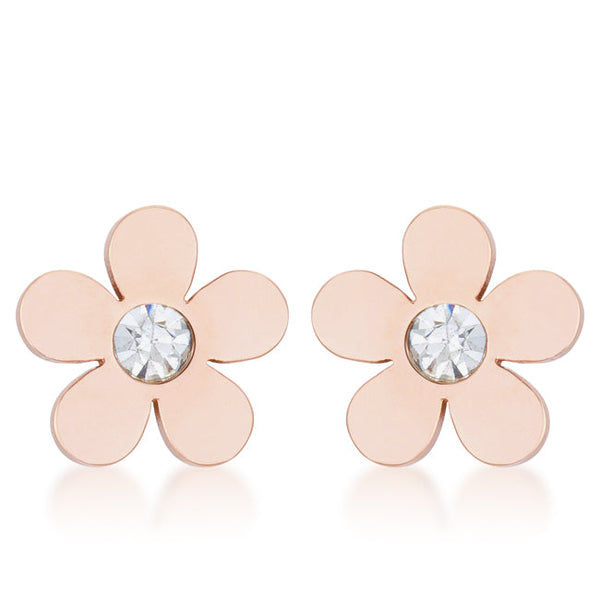 Lovcia Rose Gold Stainless Steel Flower Studs with 0.3ct CZ Stone-Earrings-