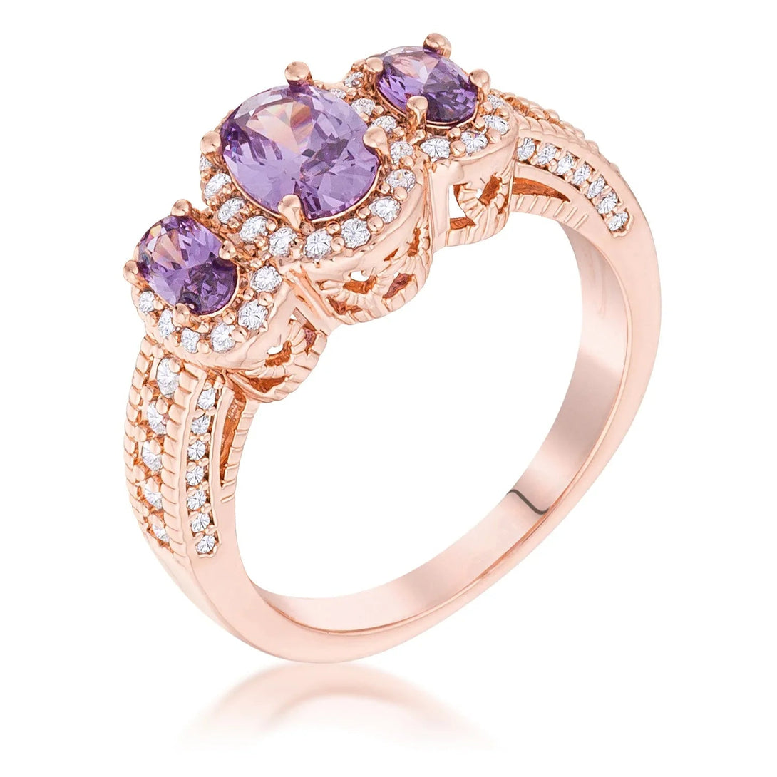 Lovcia Rose Goldtone 3-Stone Oval Amethyst Halo Engagement Ring-Rings-5-5
