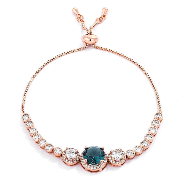 Lovcia Rose Goldtone Bolo Tennis Bracelet with Blue Green Center Stone and CZ Halos-Bracelets-