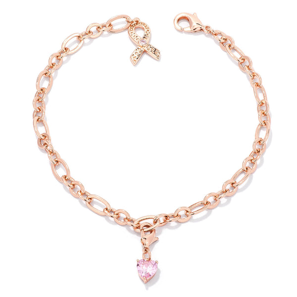 Lovcia Rose Goldtone Breast Cancer Awareness Ribbon Bracelet with Pink Heart Charm-Bracelets-
