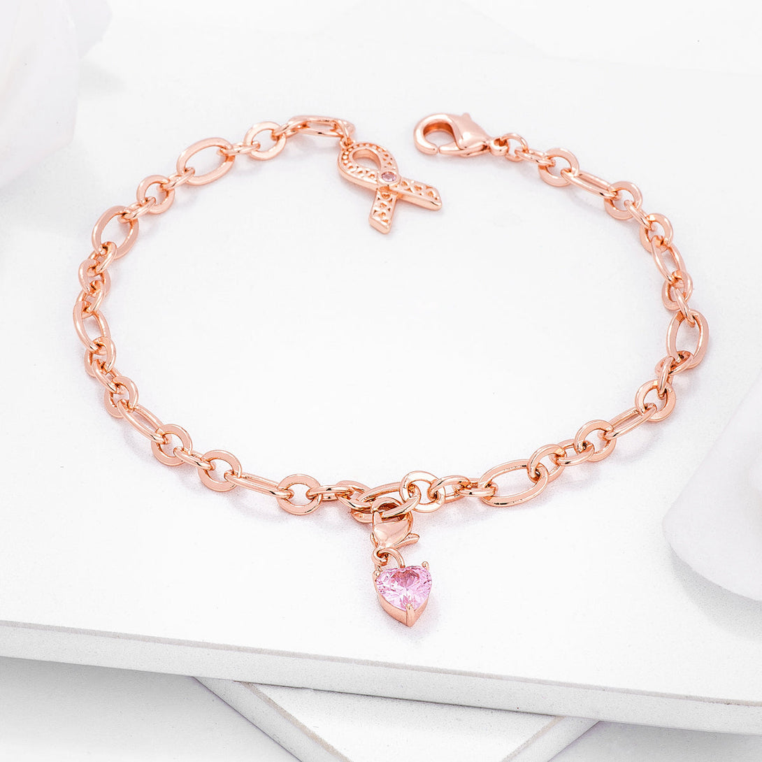 Lovcia Rose Goldtone Breast Cancer Awareness Ribbon Bracelet with Pink Heart Charm-Bracelets-
