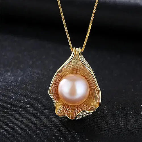 Lovcia Round Natural Pearl In CZ Shell 925 Silver Necklace-Charms & Pendants-White-White