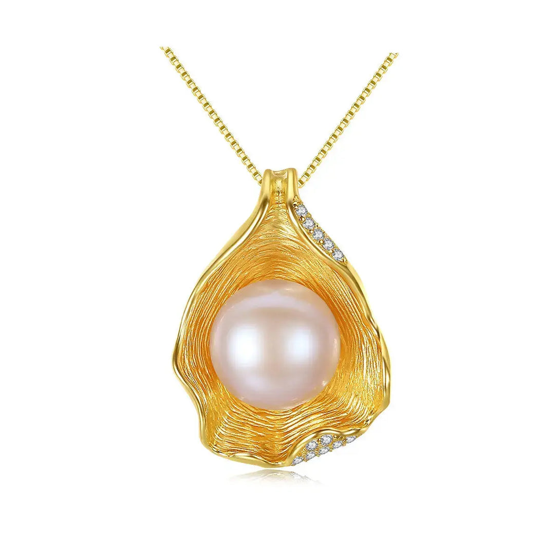 Lovcia Round Natural Pearl In CZ Shell 925 Silver Necklace-Charms & Pendants-White-White