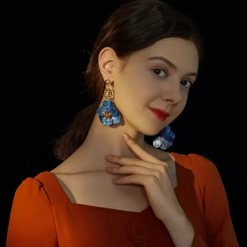 Lovcia Royal Blue Vintage Flower Earrings - Exquisite French Style Statement Jewellery-Earrings-Blue-Blue