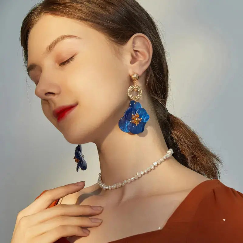 Lovcia Royal Blue Vintage Flower Earrings - Exquisite French Style Statement Jewellery-Earrings-Blue-Blue