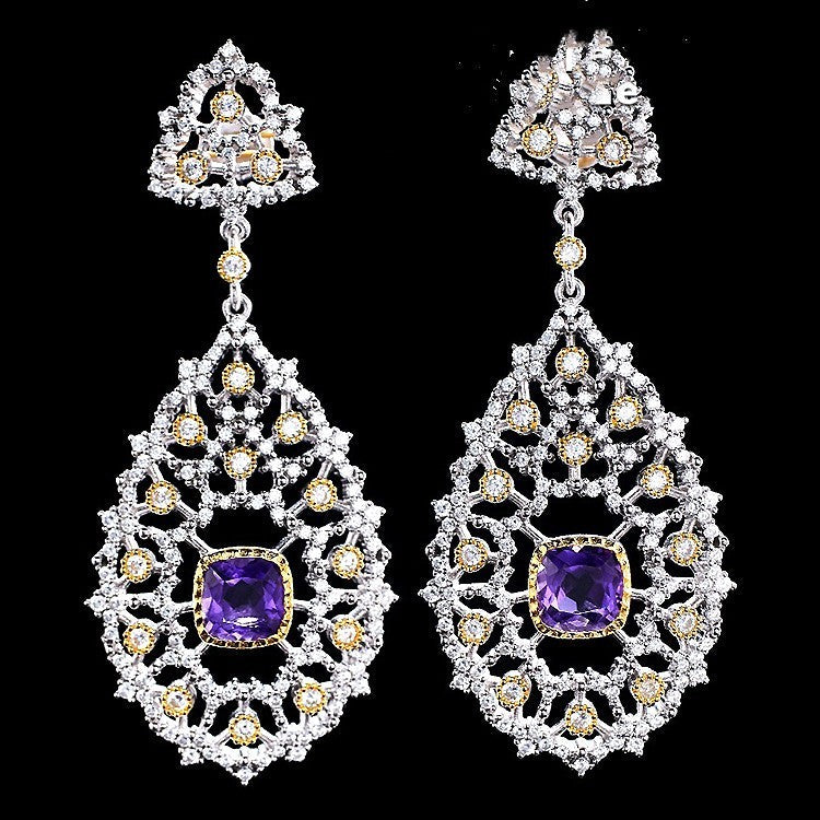 Lovcia Royal Filigree Sterling Silver Dangle Earrings for Women with Amethyst Accent-Earrings-Silver-Silver