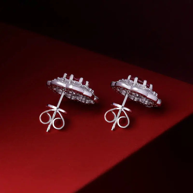 Lovcia Ruby Red Flower Sterling Silver Stud Earrings with Sparkling Zirconia - Elegant Jewellery for Women-Earrings-Silver-Silver