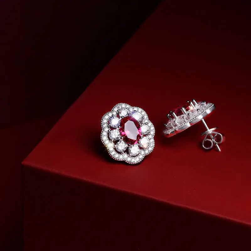 Lovcia Ruby Red Flower Sterling Silver Stud Earrings with Sparkling Zirconia - Elegant Jewellery for Women-Earrings-Silver-Silver