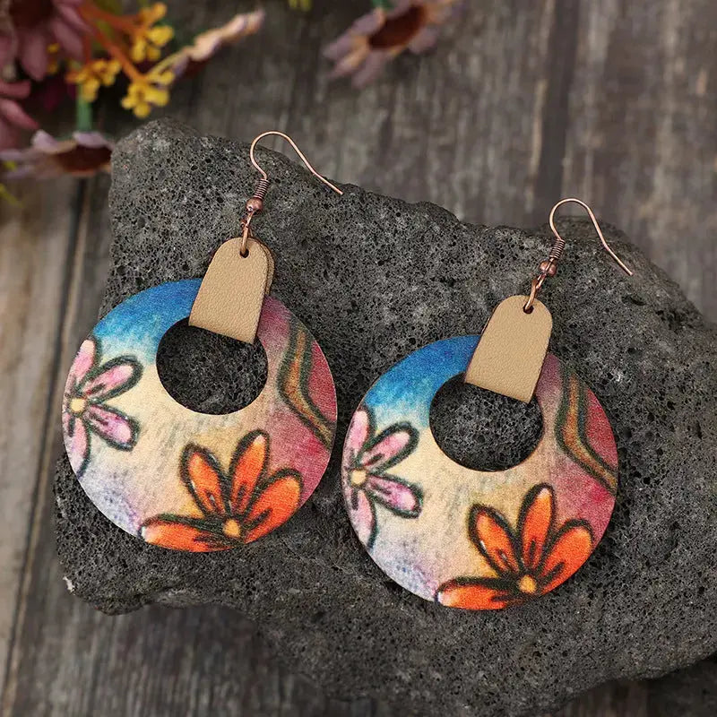 Lovcia Rustic Wooden Blossom Circle Earrings for Women-Earrings-Orange-One Size-Orange