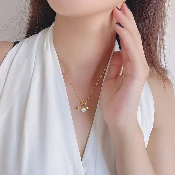 Lovcia S925 Silver Pearl Pendant Women's Fashion Temperament Design Fetal Hair Angel Pendant-Charms & Pendants-Pendant with chain-White-Pendant with chain