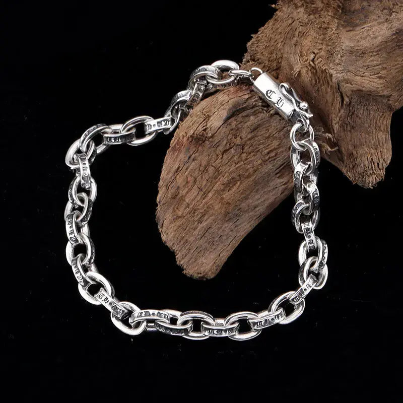 Lovcia S925 sterling silver jewellery retro old letters couple's bracelet-Bracelets-14cm-925 Silver-14cm