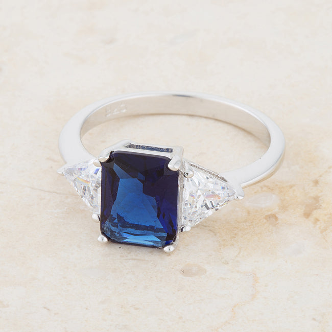 Lovcia Sapphire Emerald Cut Sterling Silver Engagement Ring with Trillion Cut Accents - 4.5 Carat-Rings-5-5