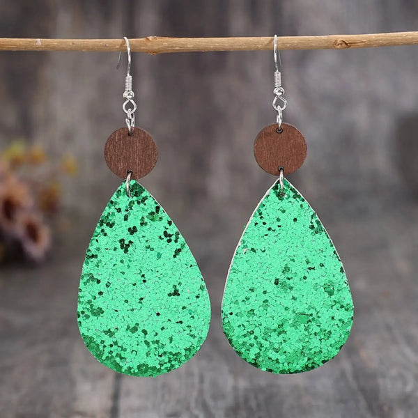 Lovcia Sequin PU Leather Wooden Dangle Earrings-Earrings-Mid Green-One Size-Mid Green