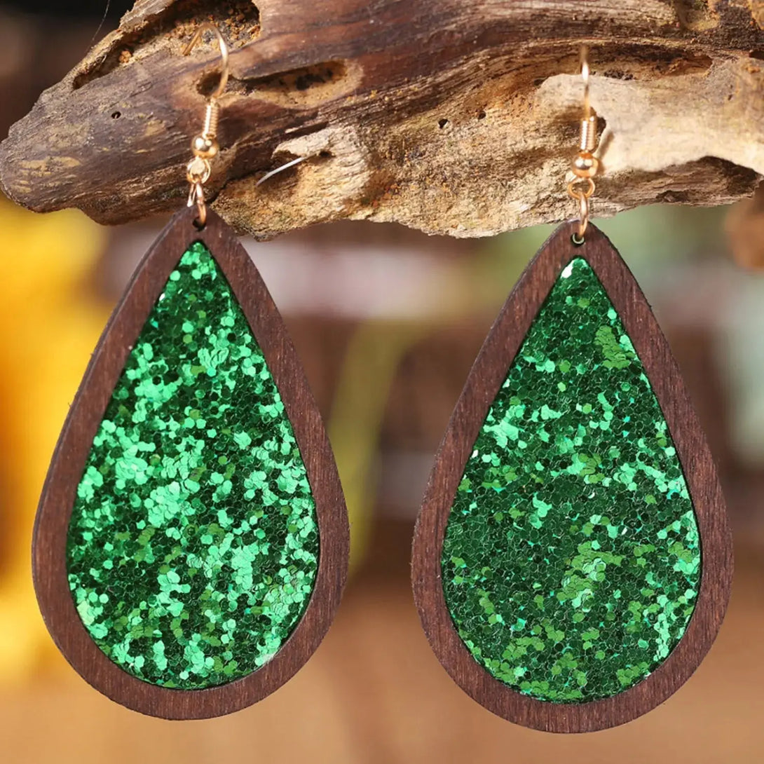 Lovcia Sequin Wood Teardrop Earrings-Earrings-Mid Green-One Size-Mid Green