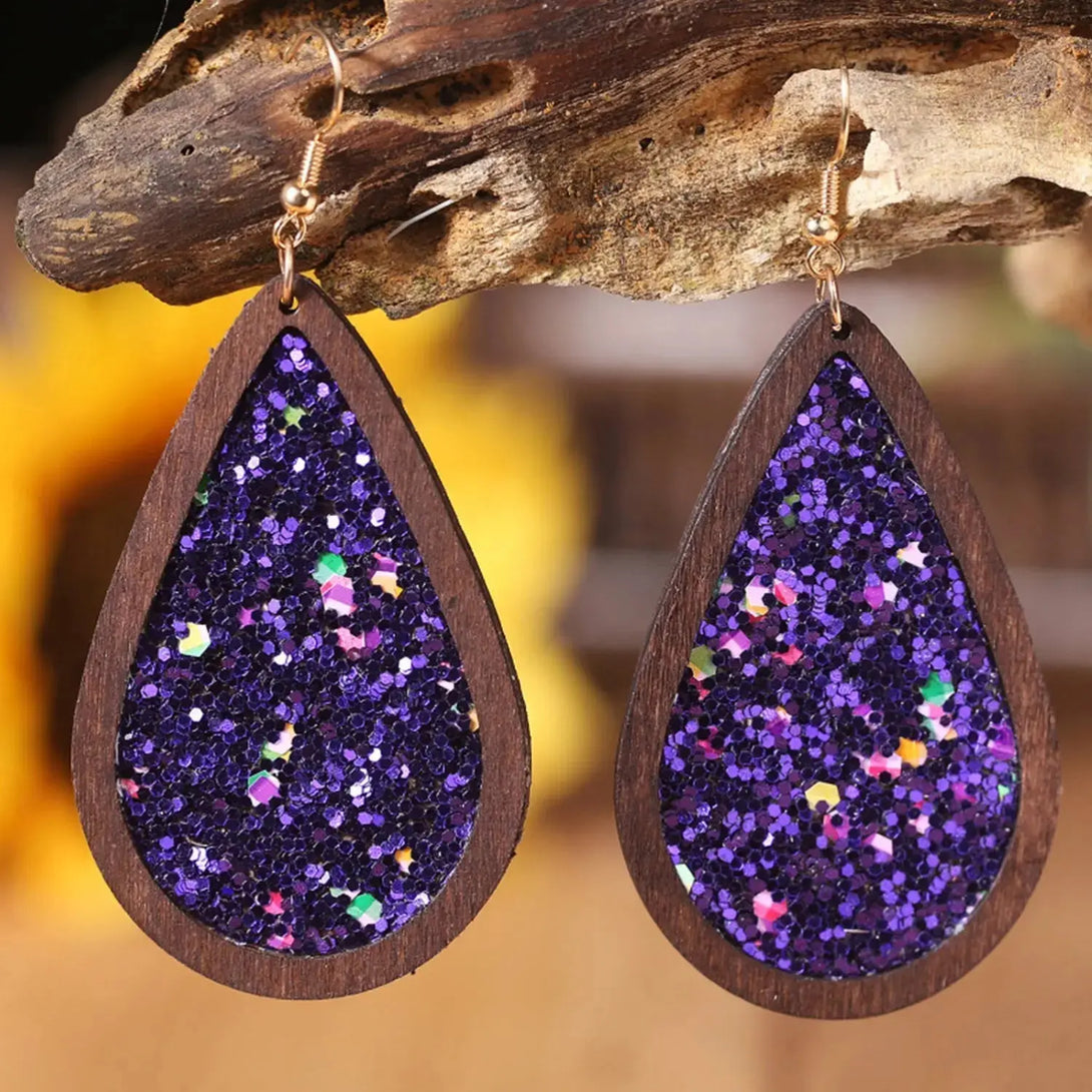 Lovcia Sequin Wood Teardrop Earrings-Earrings-Violet-One Size-Violet