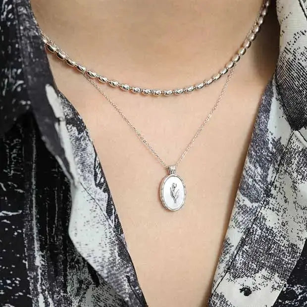 Lovcia Shell Oval Tulips Flower 925 Sterling Silver Necklace-Necklaces-Silver-Silver