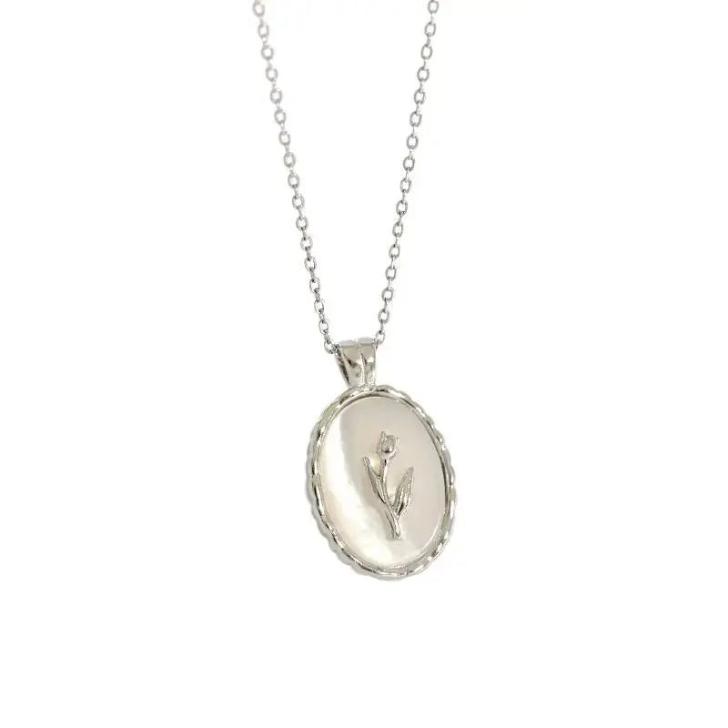 Lovcia Shell Oval Tulips Flower 925 Sterling Silver Necklace-Necklaces-Silver-Silver