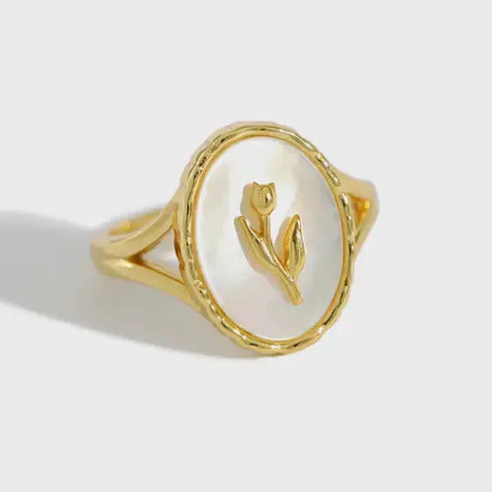 Lovcia Shell Oval Tulips Flower 925 Sterling Silver Ring-Rings-Yellow Gold-Yellow Gold