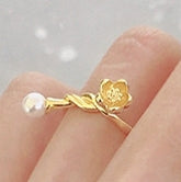 Lovcia Shell Pearl Flower Knot Adjustable Ring Gold Tone-Rings-Yellow Gold-Yellow Gold