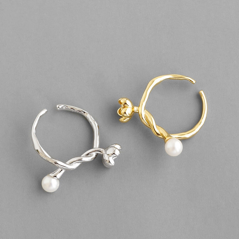 Lovcia Shell Pearl Flower Knot Adjustable Ring Gold Tone-Rings-Yellow Gold-Yellow Gold