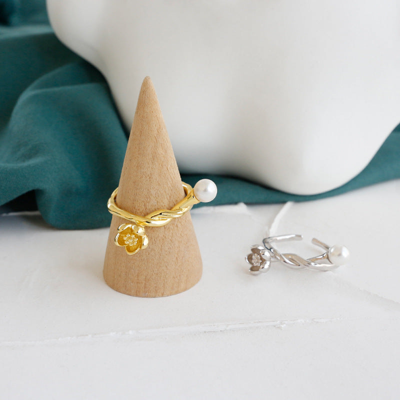 Lovcia Shell Pearl Flower Knot Adjustable Ring Gold Tone-Rings-Yellow Gold-Yellow Gold