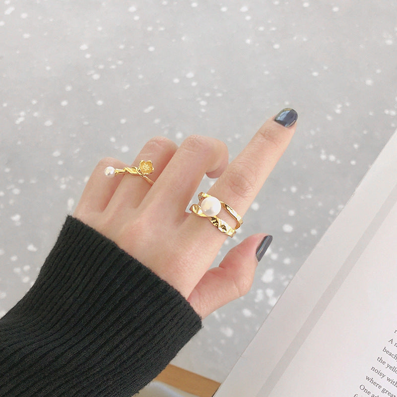 Lovcia Shell Pearl Flower Knot Adjustable Ring Gold Tone-Rings-Yellow Gold-Yellow Gold