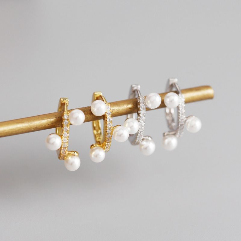 Lovcia Shell Pearl Hoop Earrings CZ 3mm Gold Tone 8.2mm-Earrings-Yellow Gold-Yellow Gold