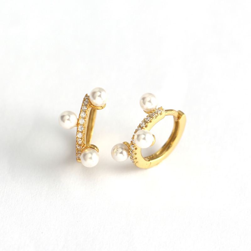 Lovcia Shell Pearl Hoop Earrings CZ 3mm Gold Tone 8.2mm-Earrings-Yellow Gold-Yellow Gold