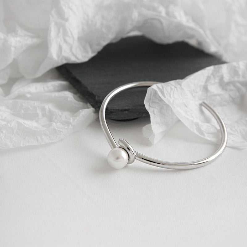 Lovcia Shell Pearl Open Bangle 8mm 925 Sterling Silver-Bracelets-Rhodium-Rhodium