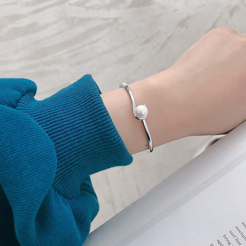 Lovcia Shell Pearl Open Bangle 8mm 925 Sterling Silver-Bracelets-Rhodium-Rhodium
