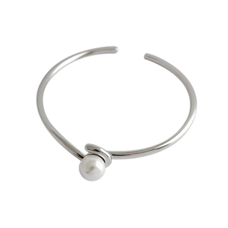 Lovcia Shell Pearl Open Bangle 8mm 925 Sterling Silver-Bracelets-Rhodium-Rhodium