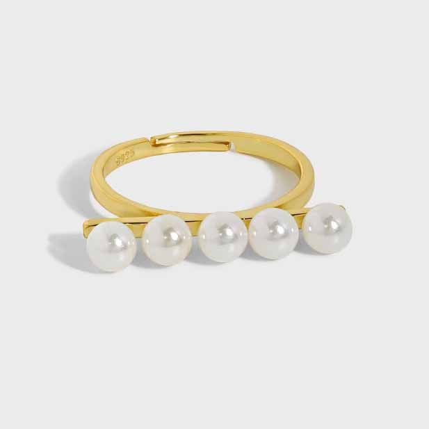 Lovcia Shell Pearl Ring 5 Pearl Beads Adjustable Gold Tone-Rings-Yellow Gold-Yellow Gold