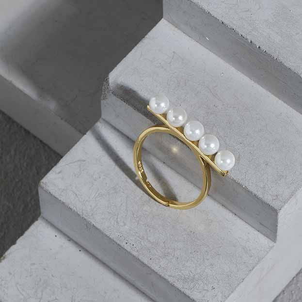 Lovcia Shell Pearl Ring 5 Pearl Beads Adjustable Gold Tone-Rings-Yellow Gold-Yellow Gold