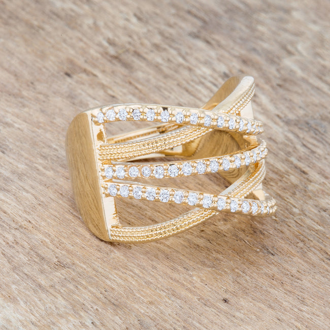 Lovcia Signature Chic 14k Gold Wide Cocktail Ring with 0.57ct CZ and Woven Cable Design-Rings-5-5