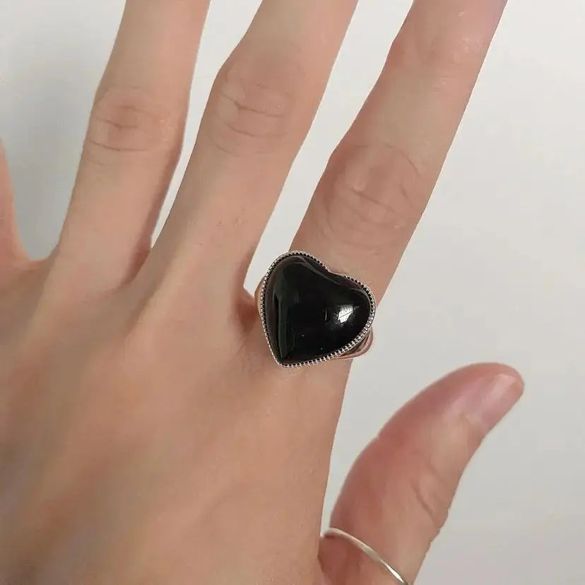 Lovcia Silver Black Agate Loving Heart With Opening Women's Ring Simple-Rings-Silver-Silver