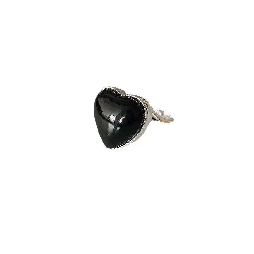 Lovcia Silver Black Agate Loving Heart With Opening Women's Ring Simple-Rings-Silver-Silver