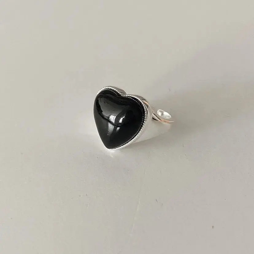 Lovcia Silver Black Agate Loving Heart With Opening Women's Ring Simple-Rings-Silver-Silver