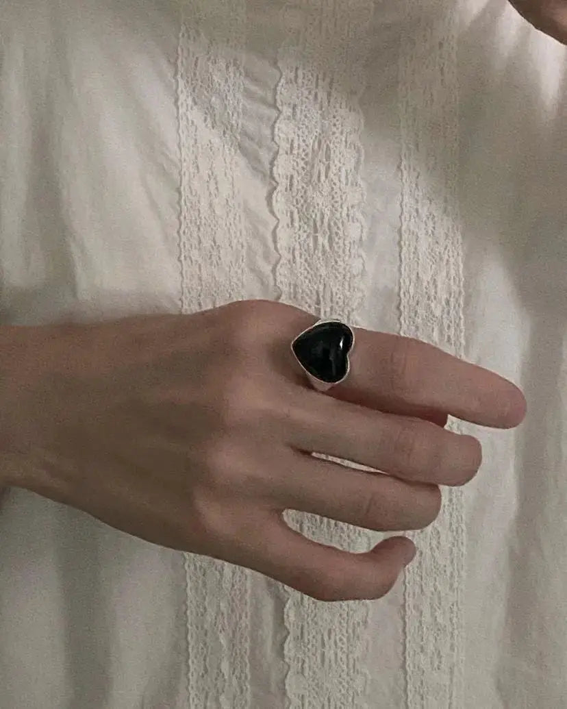 Lovcia Silver Black Agate Loving Heart With Opening Women's Ring Simple-Rings-Silver-Silver