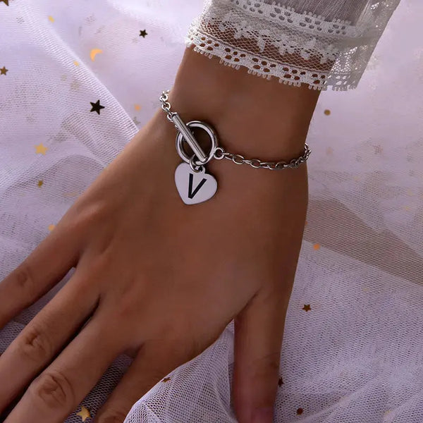 Lovcia Silver Color Link Chain OT Buckle Clasp Bracelet 26 Initial Letter Heart Charms Bracelets For Women Girls-Bracelets-A-A