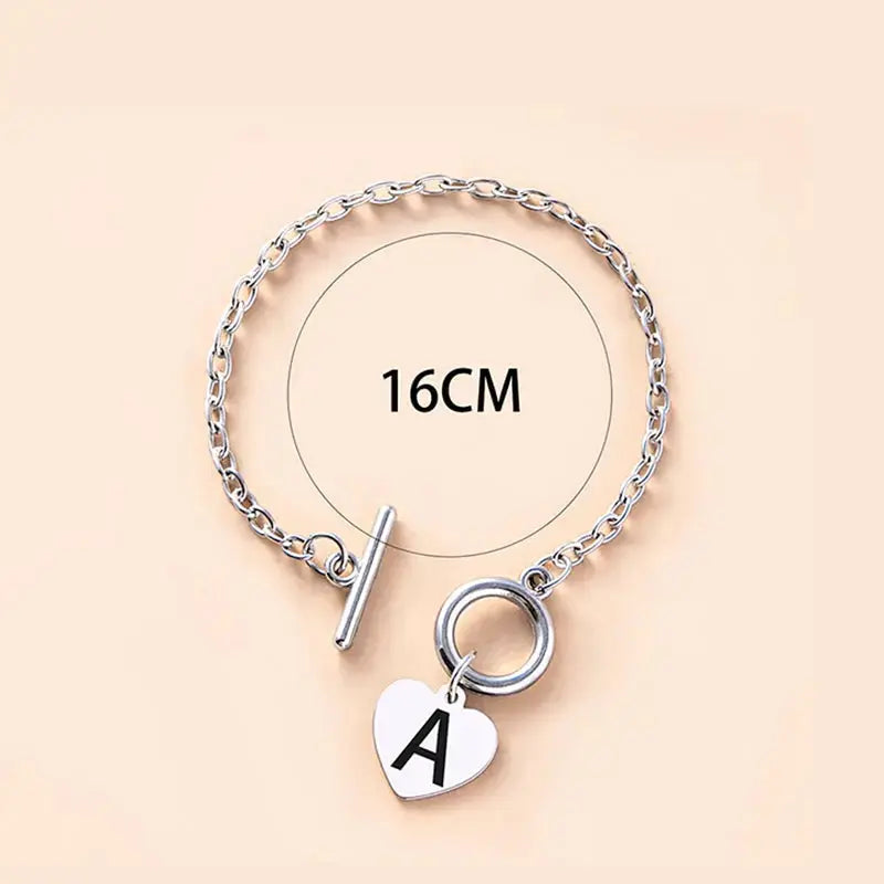 Lovcia Silver Color Link Chain OT Buckle Clasp Bracelet 26 Initial Letter Heart Charms Bracelets For Women Girls-Bracelets-A-A