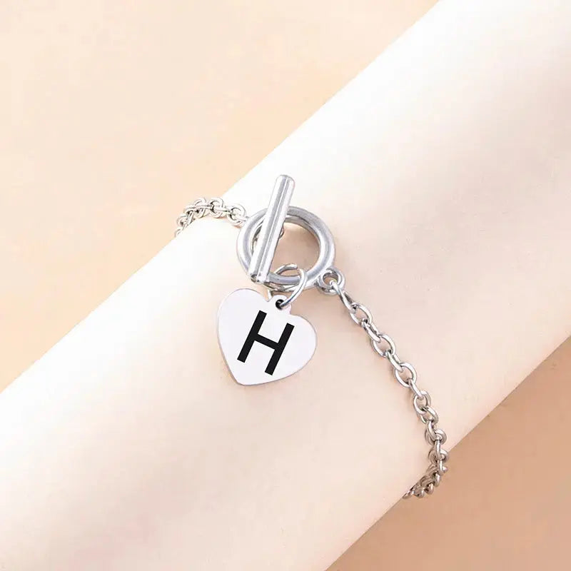 Lovcia Silver Color Link Chain OT Buckle Clasp Bracelet 26 Initial Letter Heart Charms Bracelets For Women Girls-Bracelets-A-A