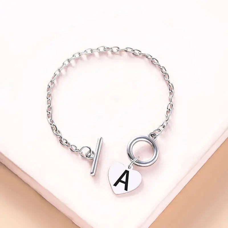 Lovcia Silver Color Link Chain OT Buckle Clasp Bracelet 26 Initial Letter Heart Charms Bracelets For Women Girls-Bracelets-A-A