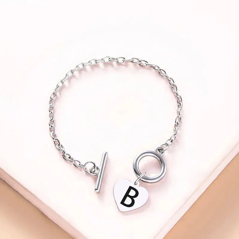 Lovcia Silver Color Link Chain OT Buckle Clasp Bracelet 26 Initial Letter Heart Charms Bracelets For Women Girls-Bracelets-B-B