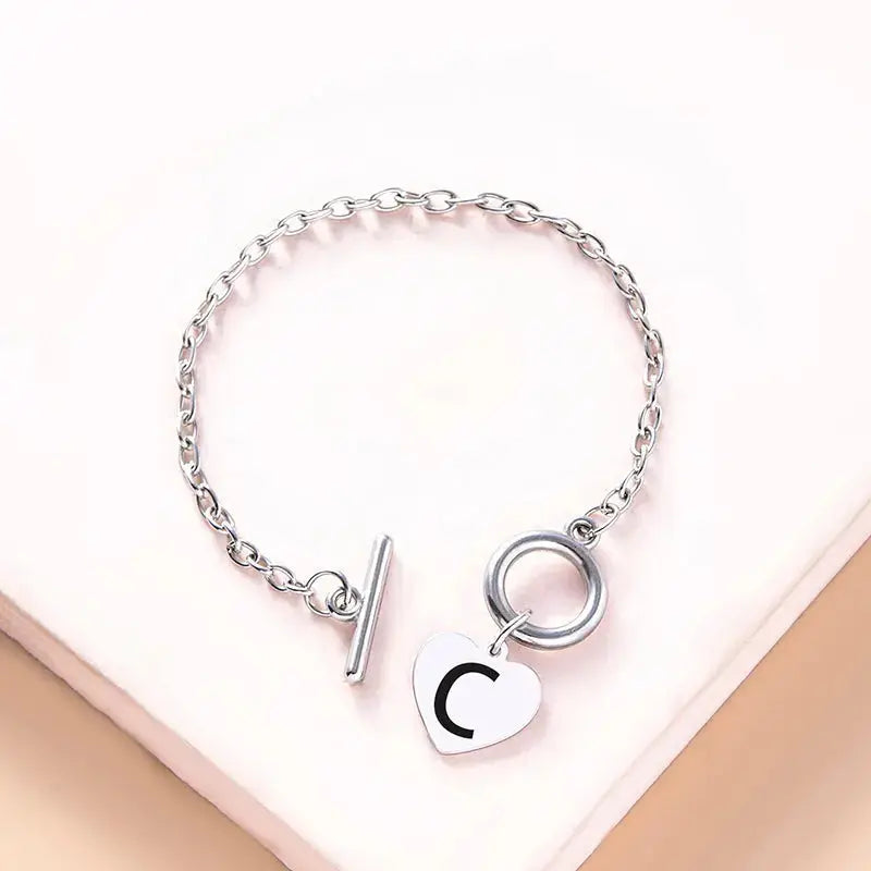 Lovcia Silver Color Link Chain OT Buckle Clasp Bracelet 26 Initial Letter Heart Charms Bracelets For Women Girls-Bracelets-C-C
